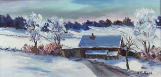 R Colliard, oil on canvas signed, a winter landscape with cottage 26cm x 54cm 