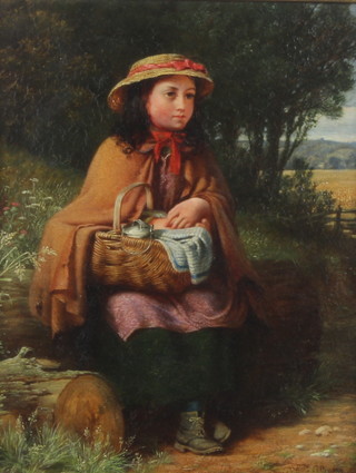 Robert Collinson, oil on board signed, study of a seated girl with a wicker basket and contents in a rural setting, 26cm x 20cm 