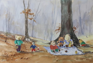 Elizabeth Parr, watercolour signed, "Teddybears Having a Picnic" 38cm x 55cm  