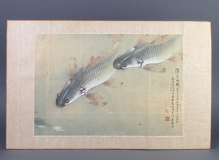 Chinese watercolour, study of carp with script, unframed 42cm x 28cm 