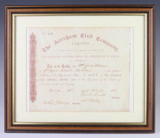 Of Horsham interest, The Horsham Club Company Ltd, a share certificate for five hundred one pound shares to Mr James Williams of Collyer's School Horsham, 25th March 1886, 19cm x 23cm  