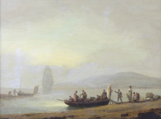 After Thomas Luny and bearing a signature, oil on board, figures alighting on a beach with distant vessels 28cm x 38cm 