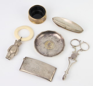 A Victorian silver card case with monogram Birmingham 1900, a pair of sugar tongs and minor items 