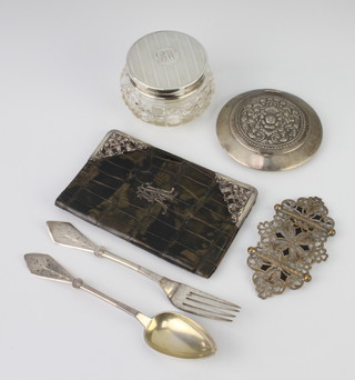 A circular silver dressing table jar, London 1945, a mounted wallet and minor items