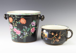 A 1930's chamber pot the black ground decorated with a moonlit scene with owl and peony together with a slop pail 