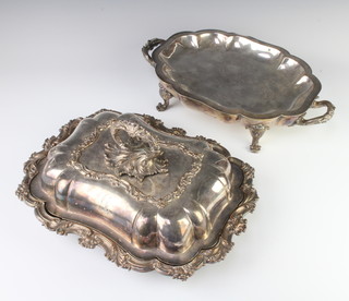A Victorian silver plated entree dish and cover with chased monogram together with a base 