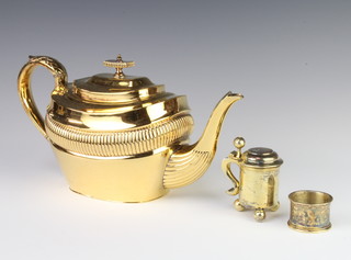 A gold plated demi-fluted teapot together with a salt and tankard 