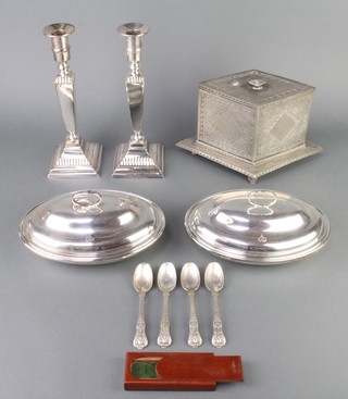 A pair of silver plated entree dishes and minor plated items