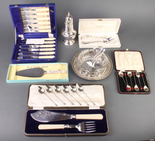A silver plated shaker and minor plated items
