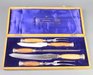 A cased horn handled, 5 piece carving set 