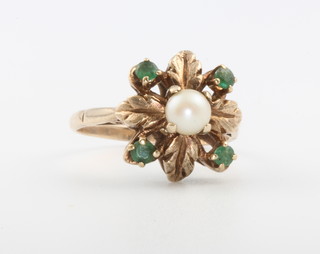 A 9ct yellow gold seed pearl and gem set ring, size O 