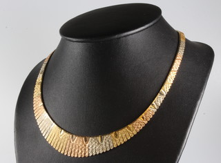 An 18ct three colour gold flat link necklace, 38.5 grams