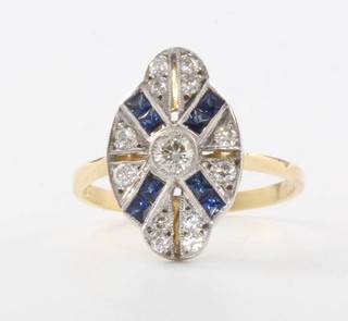 An 18ct yellow gold Art Deco style sapphire and diamond ring, size O 