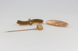 A 15ct yellow gold diamond bar brooch, 1 other and a stick pin 