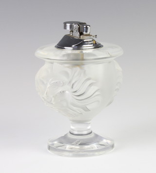 A Lalique frosted glass cigarette lighter with lion masks, signed Lalique France, 12cm 