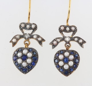 A pair of silver gilt sapphire and pearl earrings 