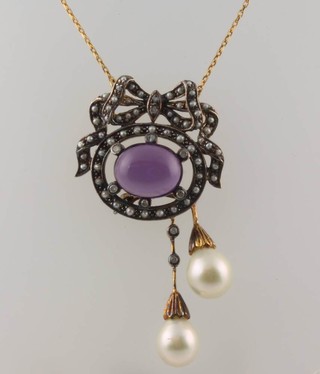 A silver gilt cabochon amethyst, seed pearl and diamond necklace