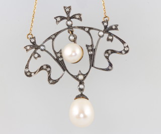A silver gilt Edwardian style diamond, pearl and seed pearl necklace 