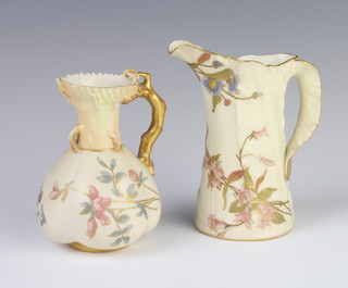 A Royal Worcester blush porcelain jug decorated with flowers 10cm, a ditto leaf jug 12cm 