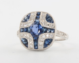 A platinum Art Deco style sapphire and diamond ring, size M 1/2