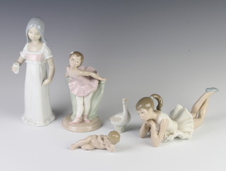 A Nao figure of a girl ballet dancer 8cm, a ditto reclining ballet dancer 22cm, 3 other figures 