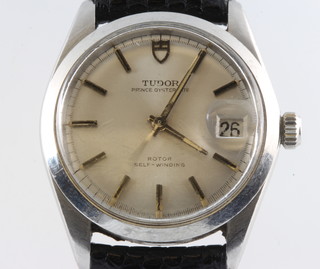 A gentleman's steel cased Tudor Prince Oysterdate rotor self winding wristwatch, contained in a 35mm case on a leather strap no.905070 