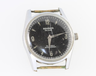A gentleman's steel cased Sekonda Deluxe wristwatch with black dial, the movement stamped 2209