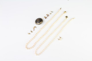 A strand of cultured pearls with a 9ct yellow gold clasp, 1 other and minor gold earrings 