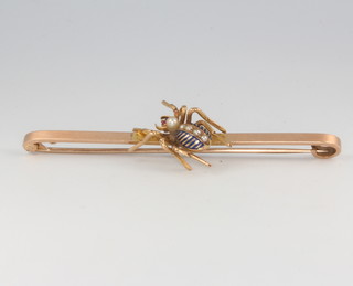A 9ct yellow gold and enamelled seed pearl bug bar brooch 8cm, 9 grams 