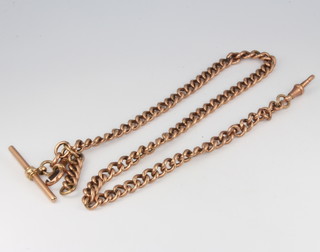 A 9ct yellow gold watch chain with T bar and 2 clasps, 13.6 grams