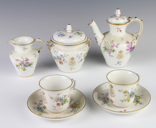 A French part coffee set with coffee pot, sugar bowl and cover, 2 tea cups and saucers and a cream jug 