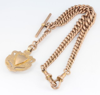 A 9ct rose gold Albert with T bar and 2 clasps with a 9ct fob, 28.3 grams 