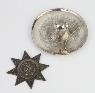 A Victorian repousse silver Royal Order of Foresters badge together with a silver dish in the form of a sombrero 70 grams 
