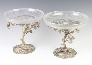 A pair of Edwardian silver plated centrepieces with dog beneath a tree with cut glass dishes 22cm 