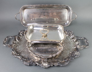 A silver plated engraved 2 handled tray 71cm and minor plated items