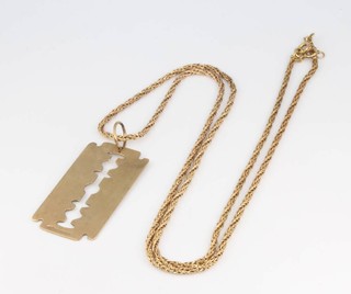 A 9ct yellow gold razor blade pendant and chain 16 grams