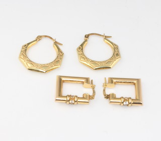 A pair of 9ct yellow gold square earrings and a pair of hoop earrings, 5 grams