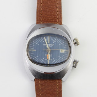 A 1970's Memostar steel cased alarm wristwatch with calendar dial and leather strap 