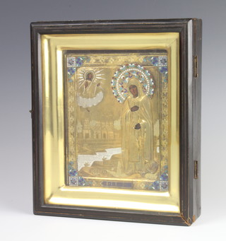 A 19th Century silver, silver gilt and enamelled icon with a figure of Mary and Christ with buildings enclosed in a floral border, on panel, 18cm x 14cm enclosed in a fitted frame