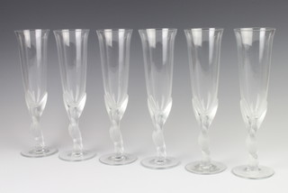 A set of 6 modern Carl Faberge champagne flutes with frosted bases decorated birds 25cm 