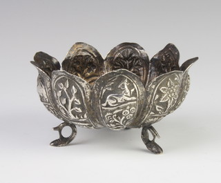 An Indian repousse silver lobed bowl on scroll feet, 10cm, 76 grams