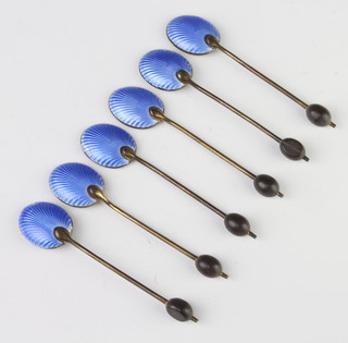 Six silver and enamel coffee spoons with bean ends, 47 grams