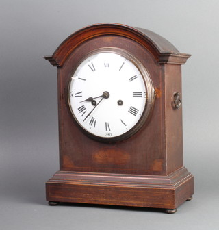 Philip Haas and Sohne, an Edwardian striking bracket clock with enamelled dial and Roman numerals, contained in an arch shaped inlaid mahogany case complete with key and pendulum