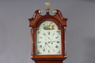 An 18th Century Scots 8 day striking longcase clock, the 32 cm arched dial painted birds and with rose and thistle spandrels, marked Robert Darling of Edinburgh, with subsidiary second hand and calendar aperture, contained in an inlaid mahogany case with fluted columns to the sides, complete with weights and pendulum (no winding key)  223cm h 