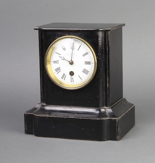 A.D. Mougin, a French 19th Century timepiece with enamelled dial and Roman numerals conainted in an ebonised case, the circular back plate marked Man Mougin Ch Vcne Paris 52945, complete with pendulum, no key 