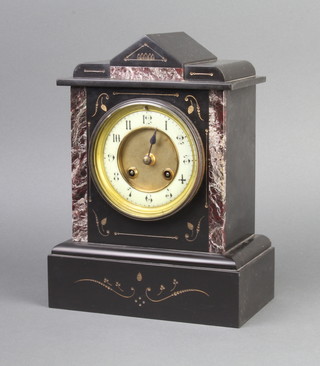 A Victorian 8 day striking mantel clock with enamelled dial and Arabic numerals contained in a 2 colour marble case, striking on a gong 