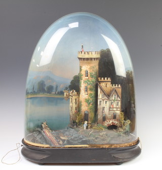A 19th Century automaton in the form of a castle with shipwreck, rolling seas and figures, complete with glass dome 51cm h x 21 cm w x 17cm d 