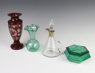 A Malachite glass hexagonal powder box decorated with birds 14cm (minor chips to the box), a small whisky decanter with silver rim (chipped) and 2 glass vases 