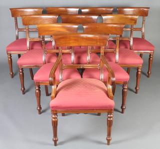 A set of 10 Georgian style mahogany bar back dining chairs with carved mid rails and over stuffed seats - 1 carver and 9 standard 