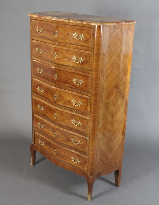 A French inlaid Kingwood chest of serpentine outline with pink veined marble top fitted 7 drawers 150cm h x 92cm w x 43cm w 